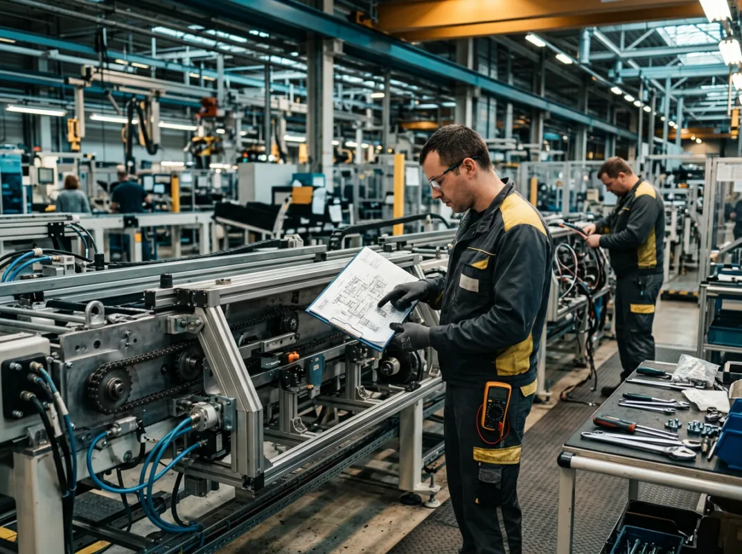 Industriemechaniker beim Umbau einer Automotive-Montagelinie