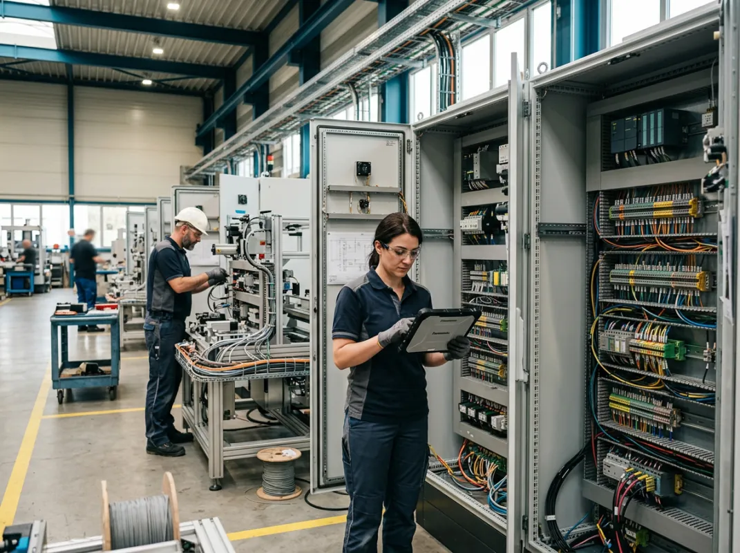Électriciens industriels montant une installation de machines