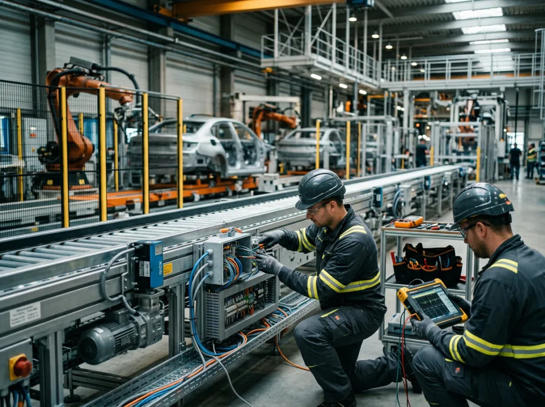 Industrieelektriker bei Retrofit und Neuverdrahtung einer Förderanlage