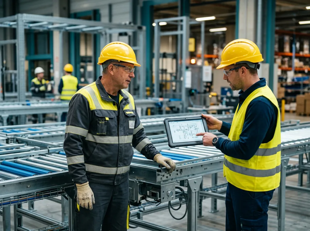 Montageteam beim Aufbau von Rollenförderern und Hubstationen
