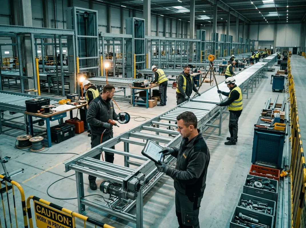 Industriemechaniker bei der Montage von Fördertechnik in einem Logistikprojekt
