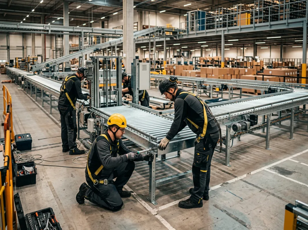 Industriemechaniker bei der Montage eines großen Förder- und Logistiksystems